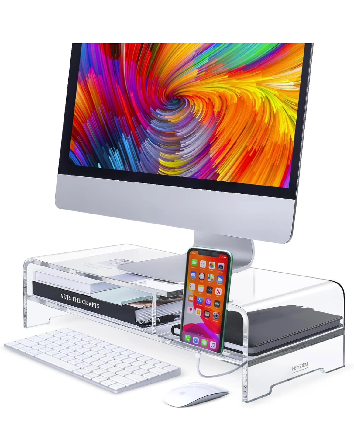 Clear Acrylic Monitor Riser with Phone Holder