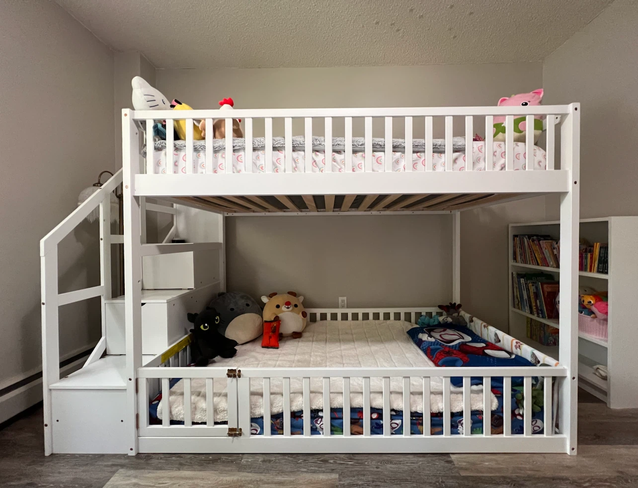 White Twin over Twin Bunk Bed with Stairs and Storage