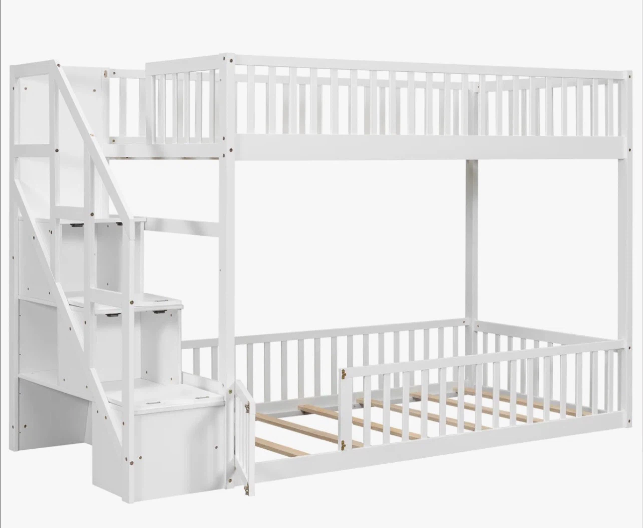 White Twin over Twin Bunk Bed with Stairs and Storage - photo 3
