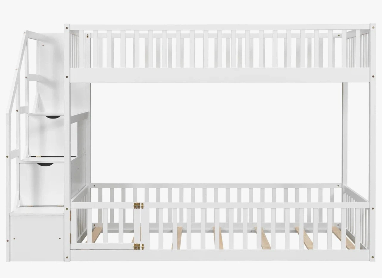 White Twin over Twin Bunk Bed with Stairs and Storage - photo 4