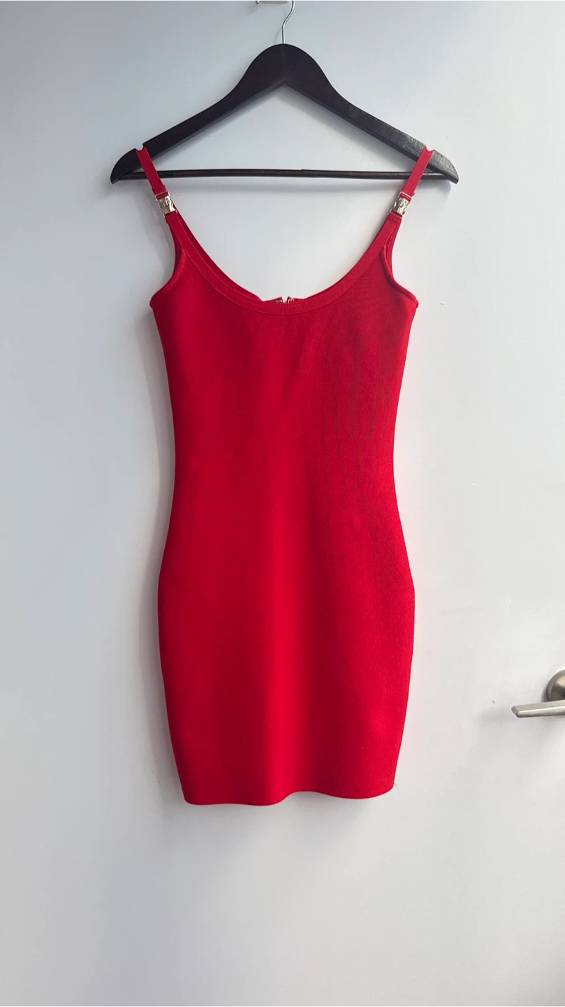 Red Bodycon Dress with Silver Buckle Straps - photo 2