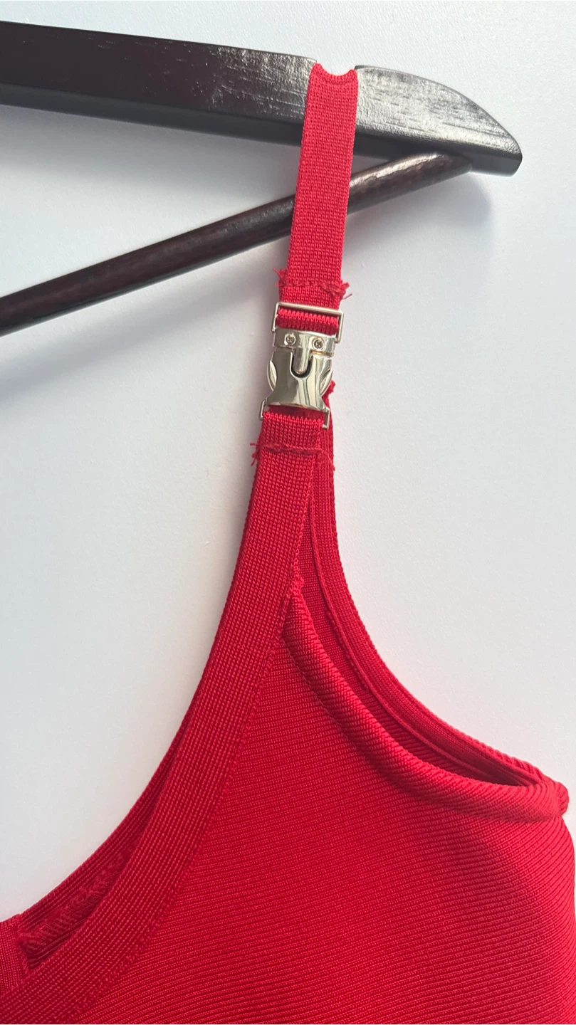 Red Bodycon Dress with Silver Buckle Straps - photo 3