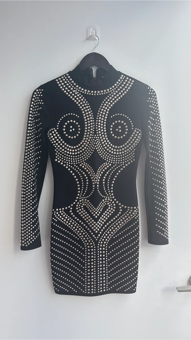 Black Studded Long Sleeve Mini Dress