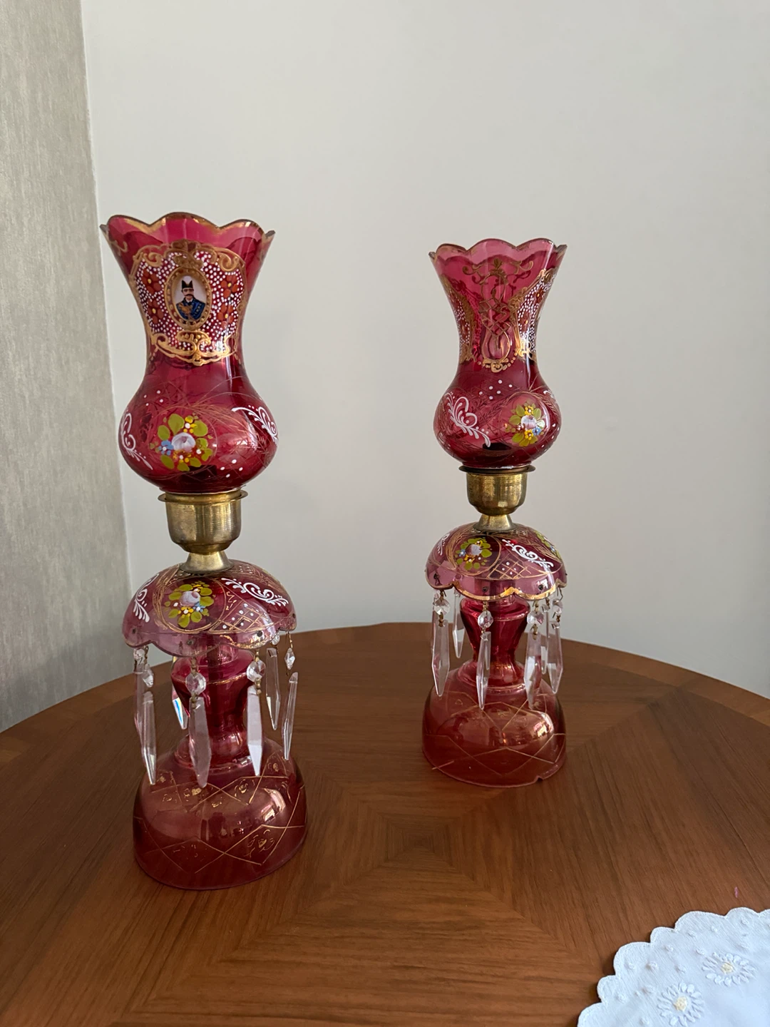 Pair of Vintage Cranberry Glass Qajar Portrait Lamps