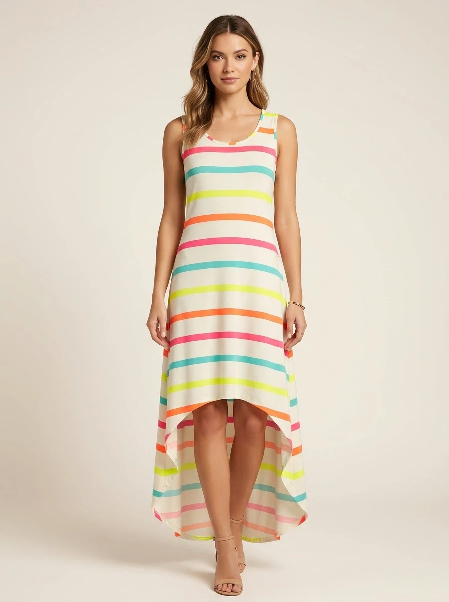 Fun, Summer Neon Striped Hi-Lo Dress Size M
