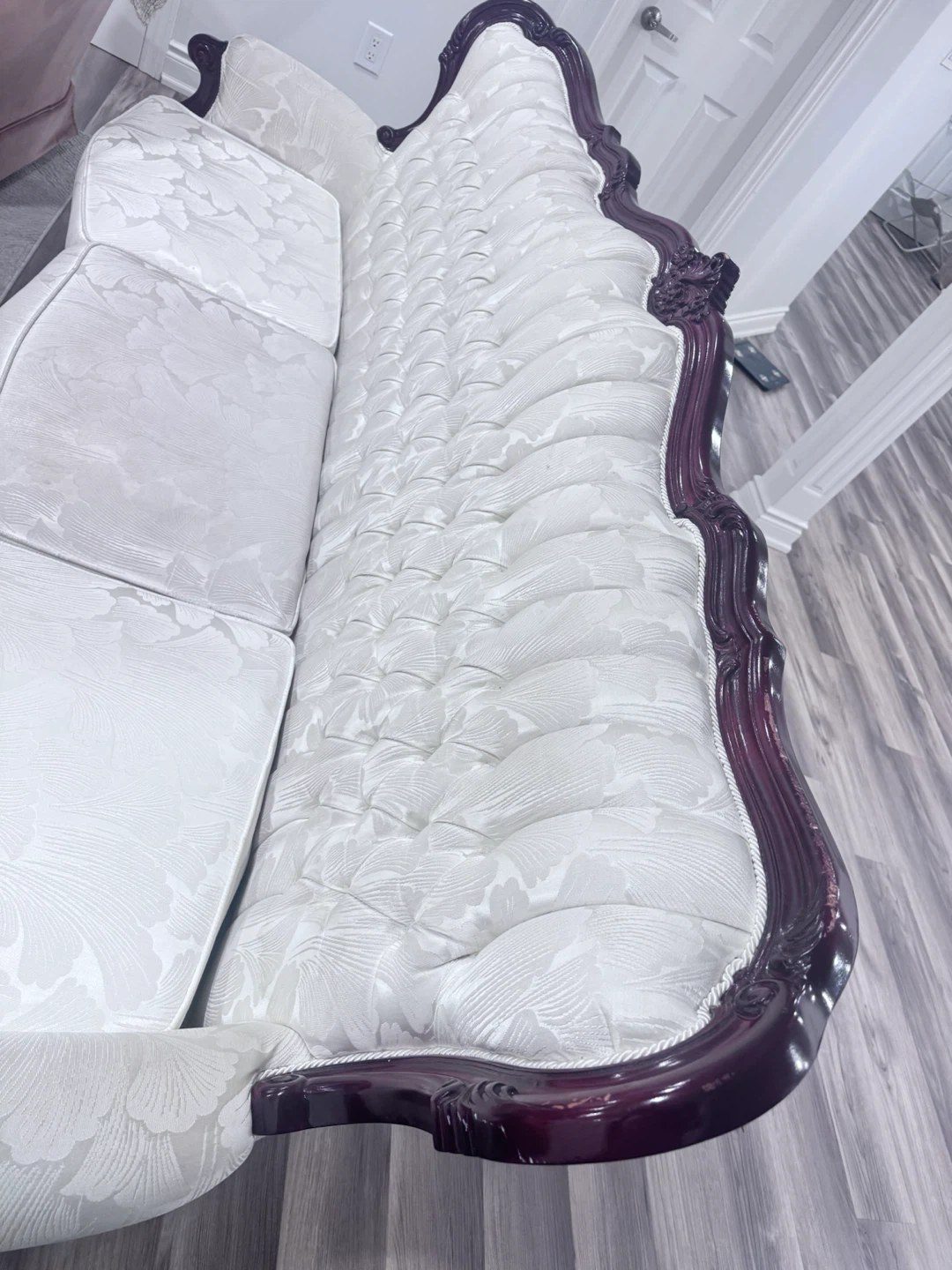 Victorian Style Sofa - White Damask Upholstery