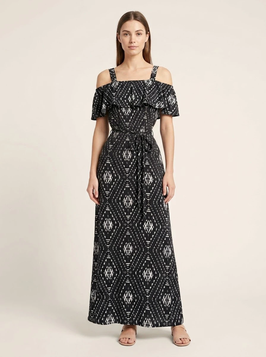 Flattering Off the Shoulder Geometric Maxi Dress Small