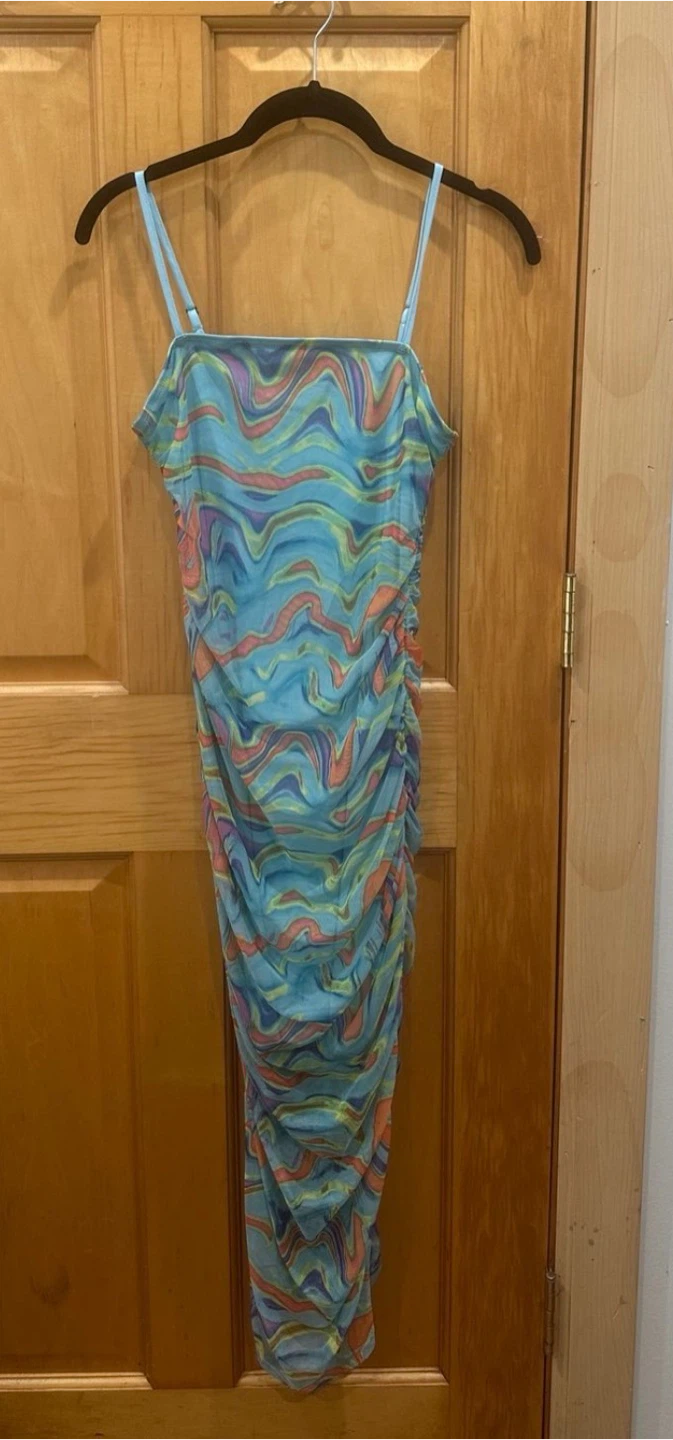 Blue Swirl Ruched Mesh Dress, Size S