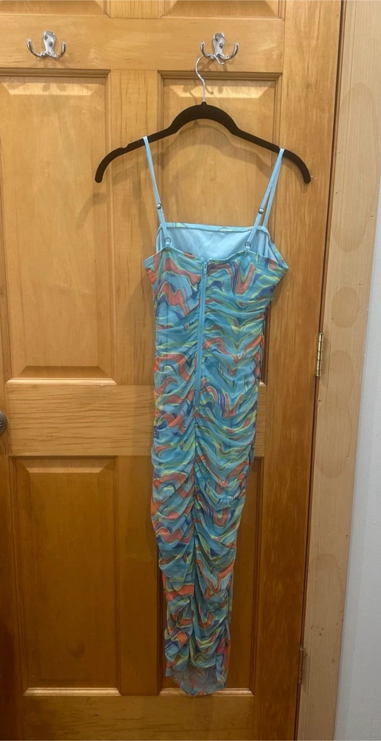 Blue Swirl Ruched Mesh Dress, Size S - photo 2