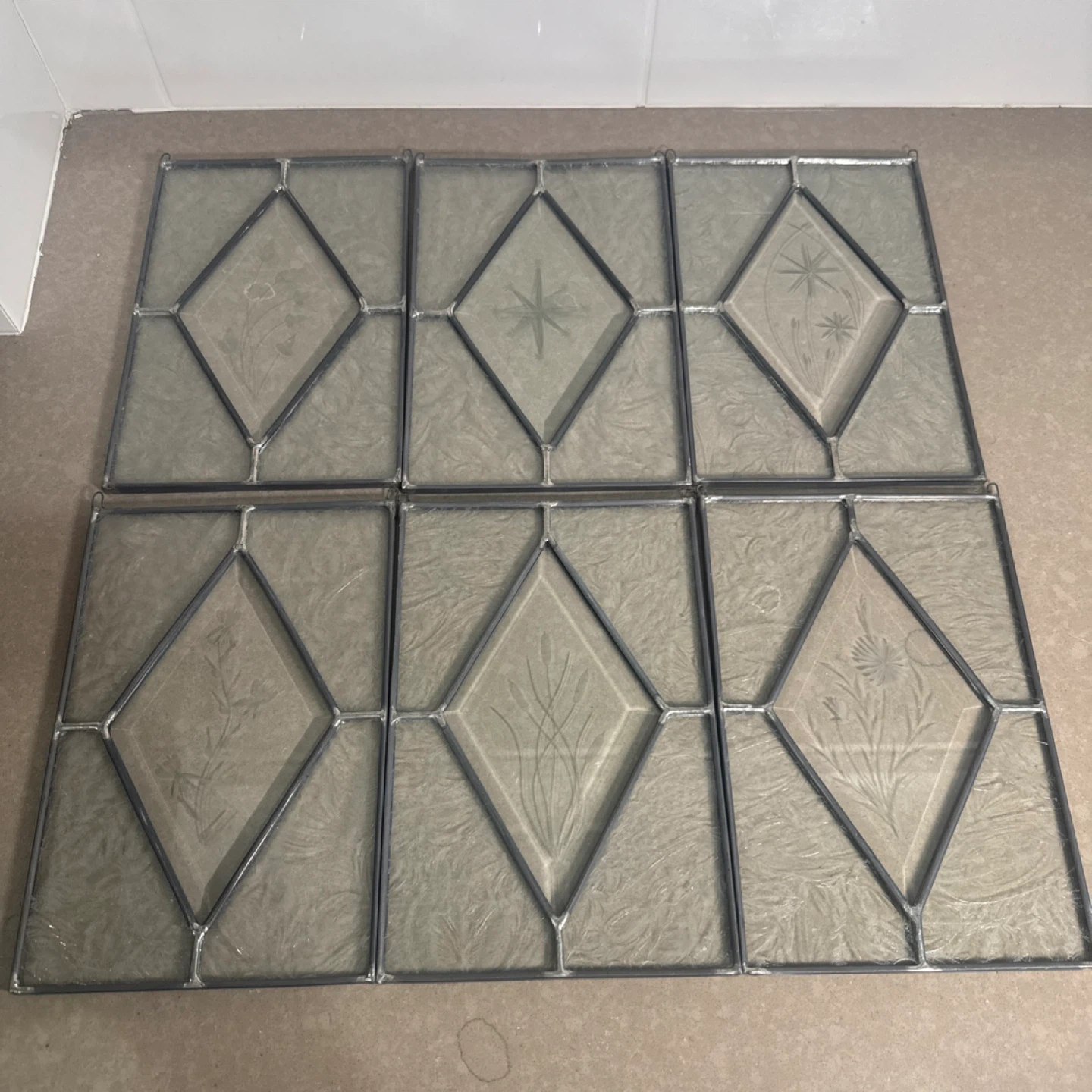 Set of 6 Stained Glass Panels with Etched Designs