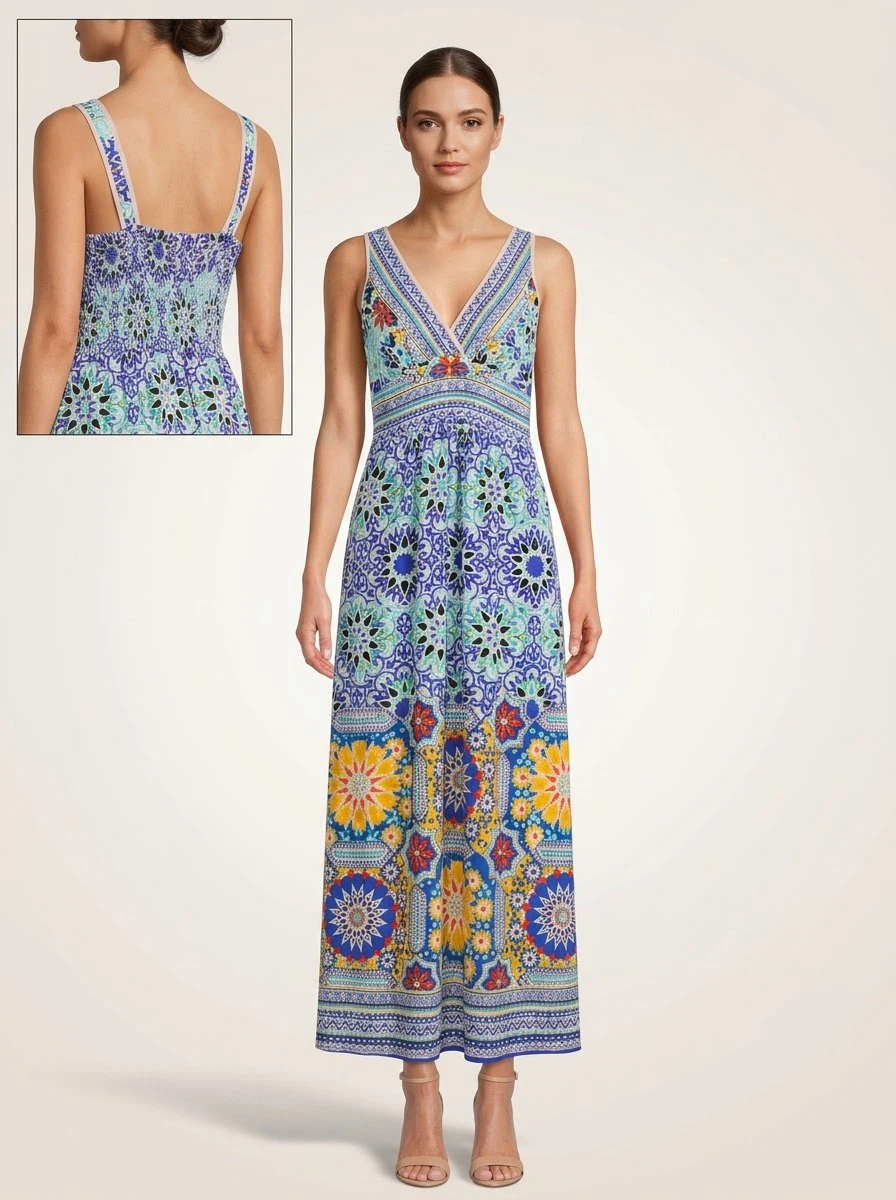 Angie Geometric Print Rayon Maxi Dress Blue Multi Size S