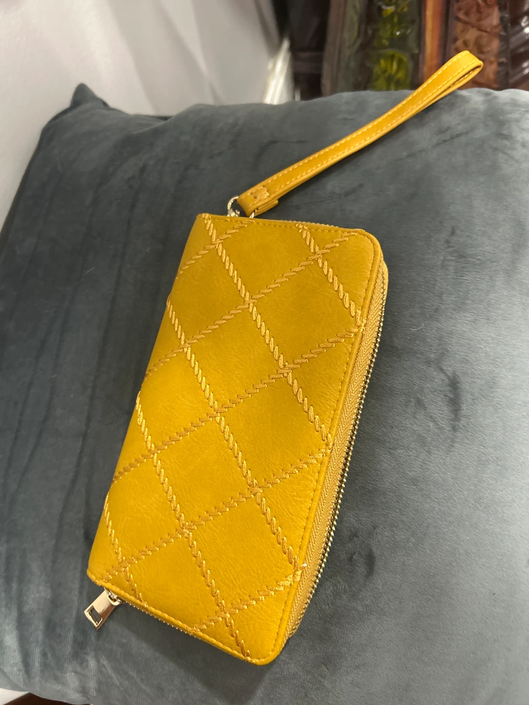 Yellow Quilted Zip-Around Wallet with Wrist Strap