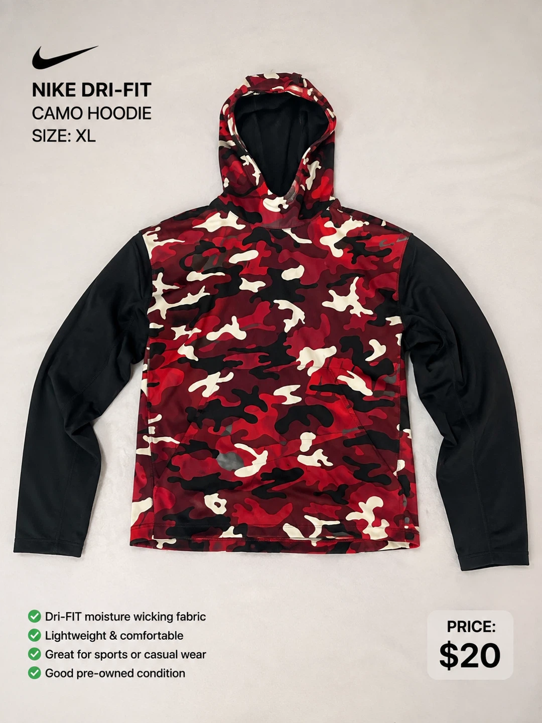 Nike Dri-FIT Red & Black Camo Hoodie – XL 12 Yr old boy