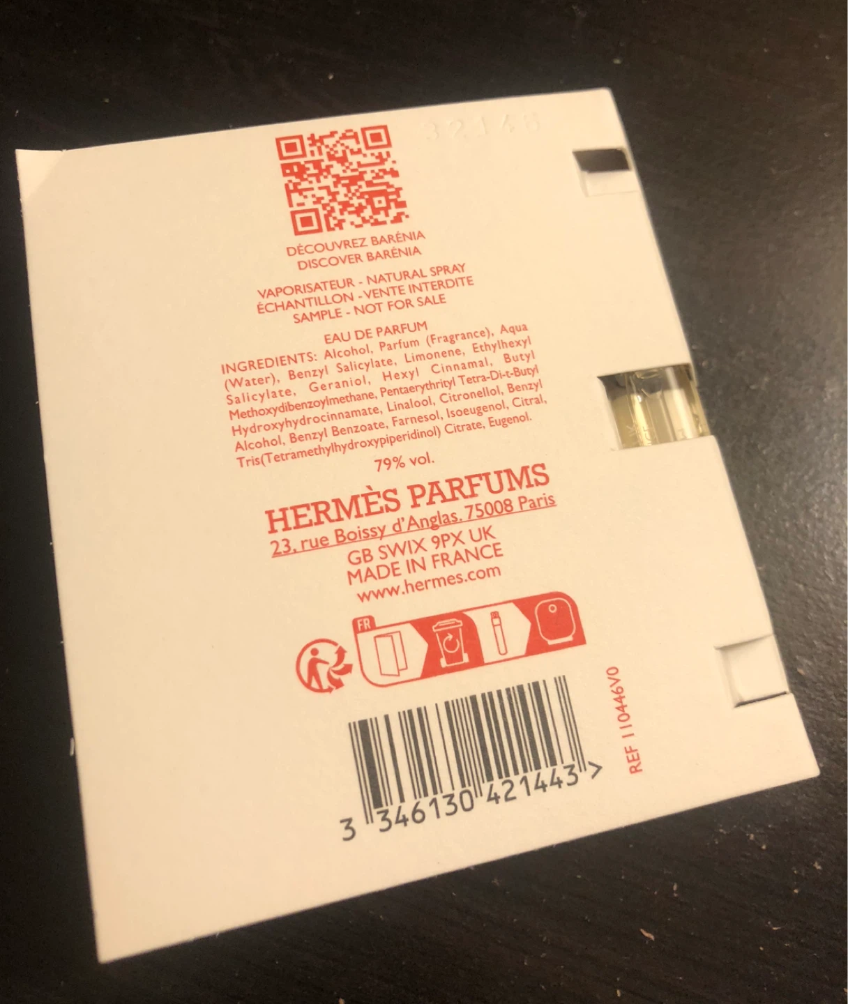 Hermes Paris Barenia Eau de Parfum Sample Vial - photo 3