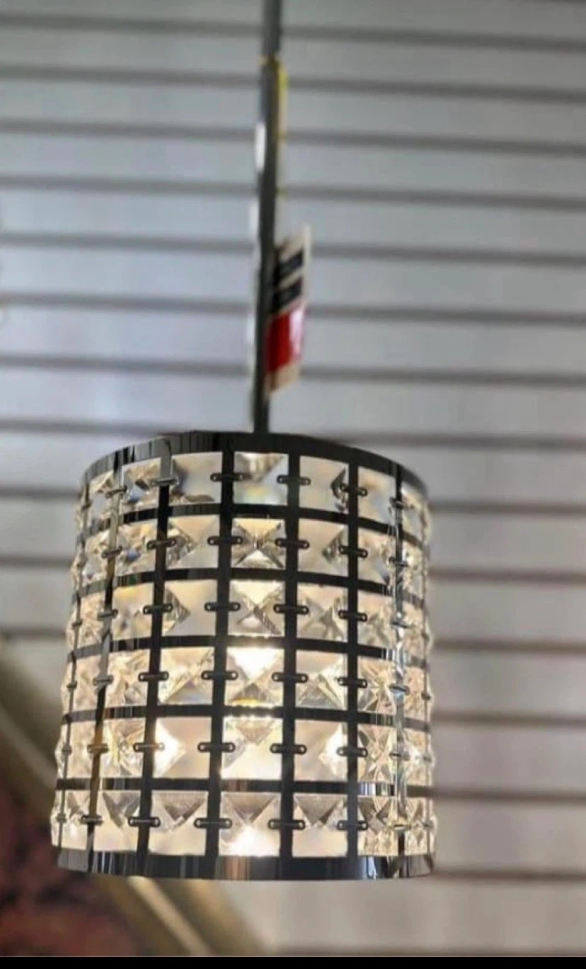 Cylindrical Chrome Pendant Light with Crystal Accents