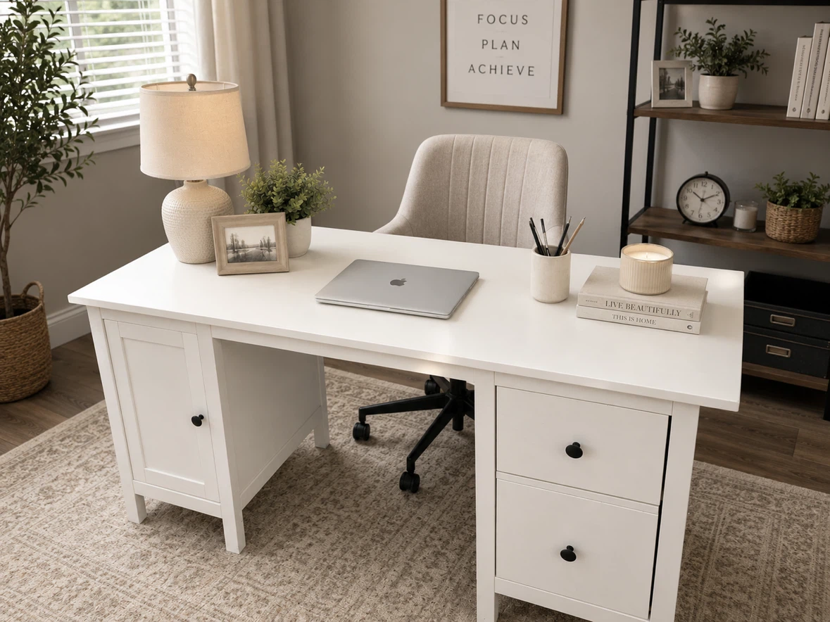 White Executive Desk with Drawers and Cabinet
