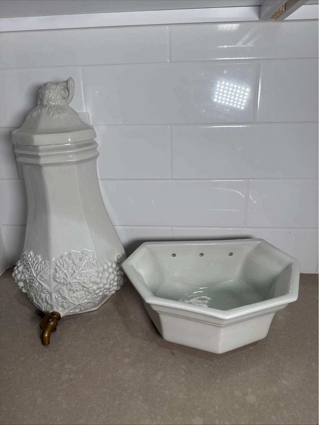 White Ceramic Grape Motif Water Dispenser with Basin