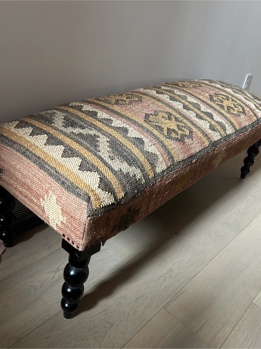 Handwoven Kilim Upholstered Bench with Black Wood Legs