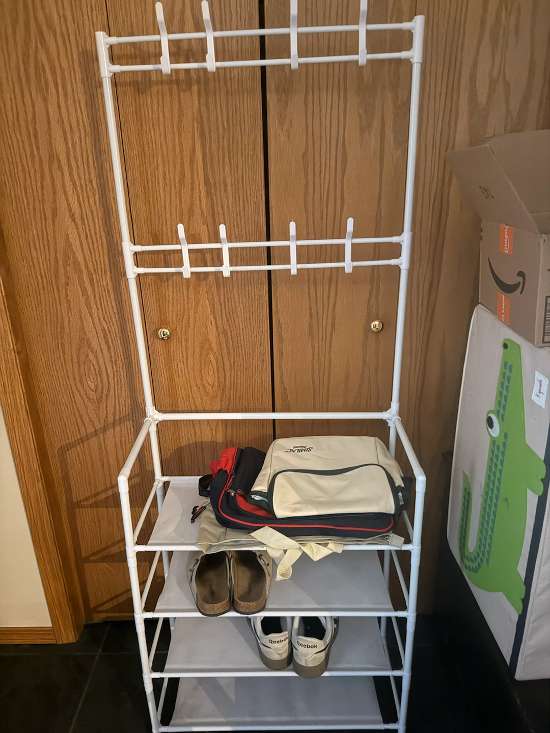 White 4-Tier Shoe Rack with Coat Hooks