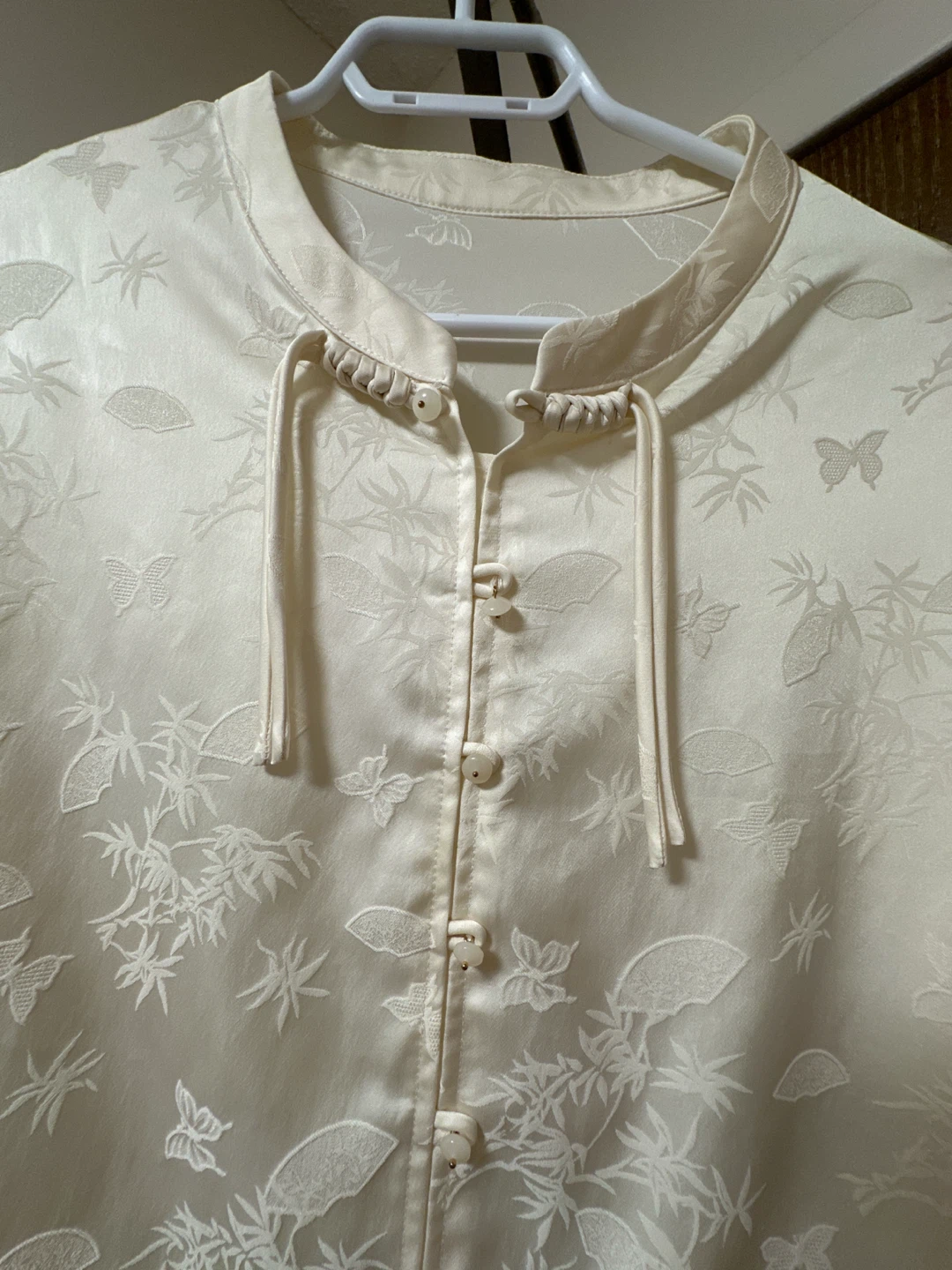 Cream Textured Blouse with Butterfly and Bamboo Print