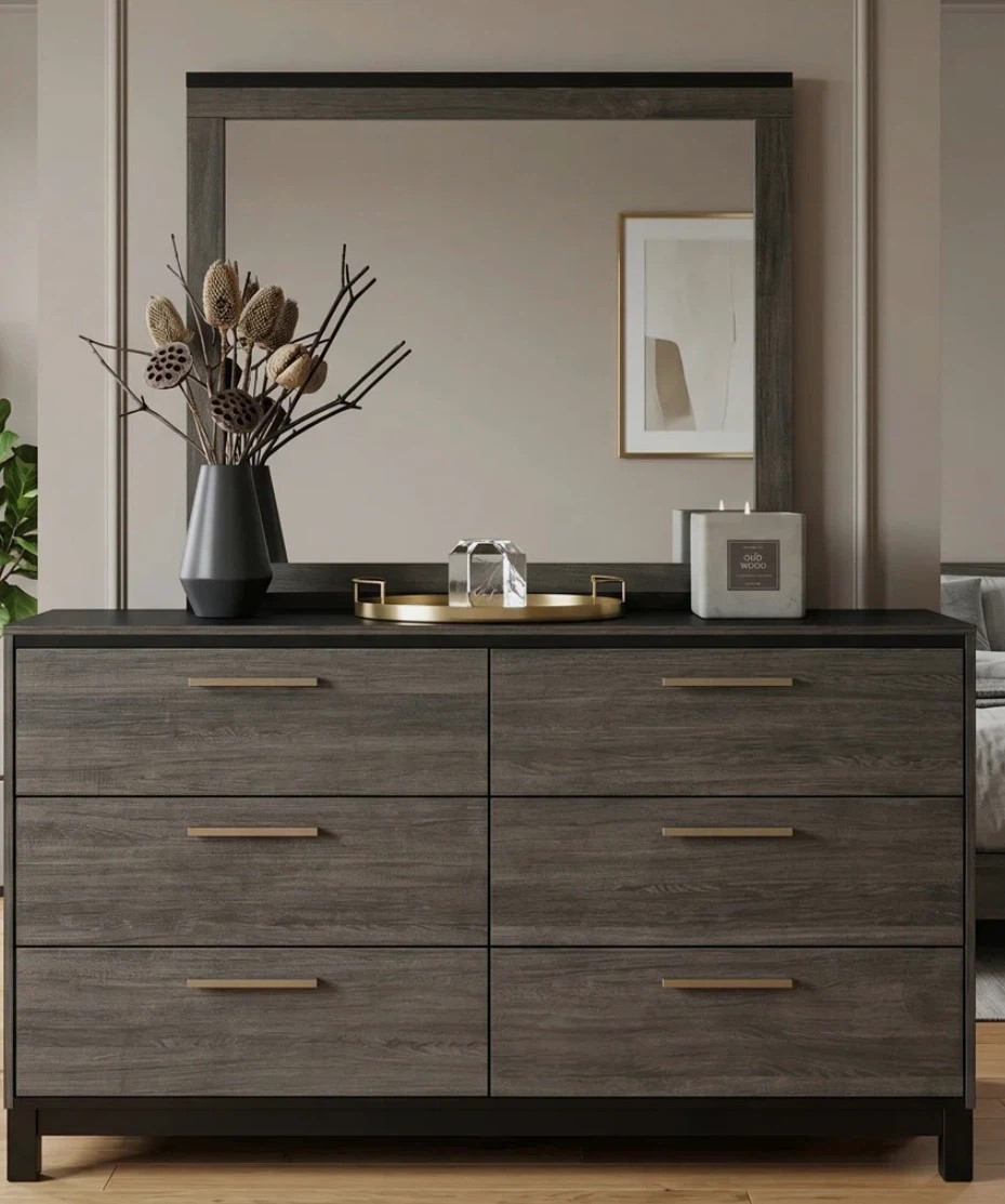 Dark grey 6 drawer dresser with matching mirror