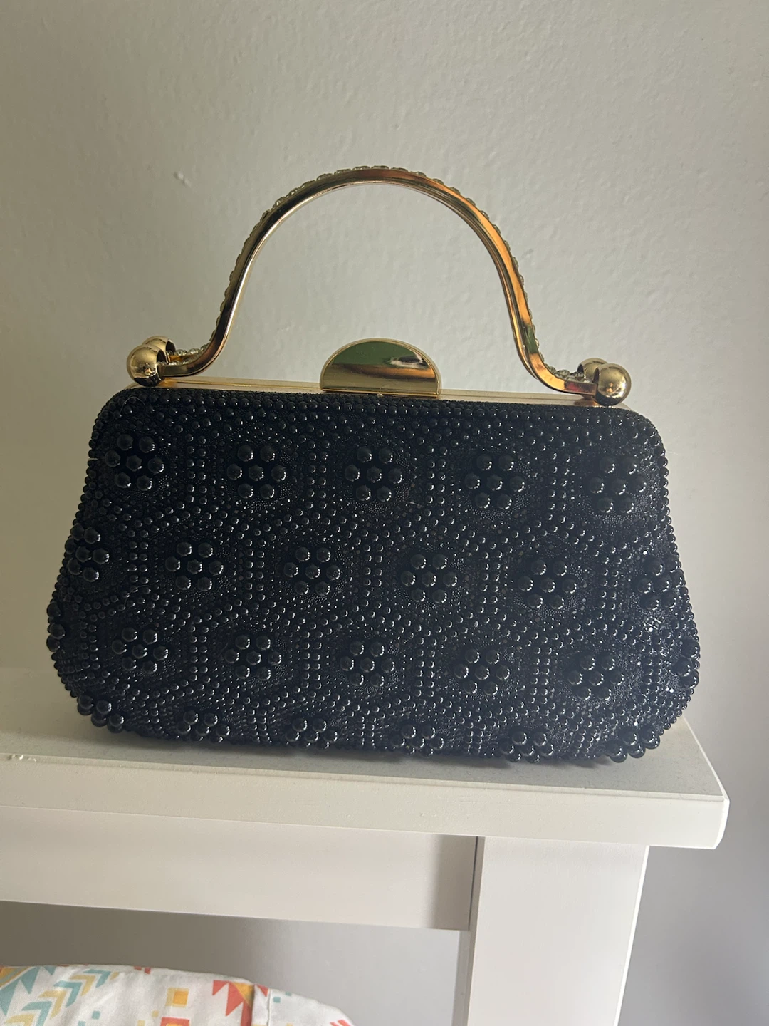 Black Beaded Clutch Evening Bag with Gold Frame