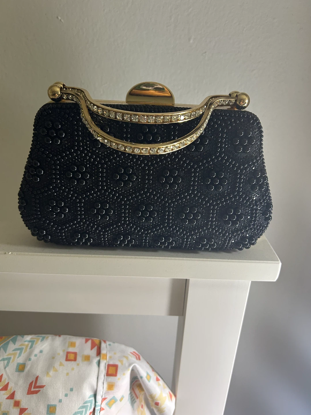 Black Beaded Clutch Evening Bag with Gold Frame - photo 2