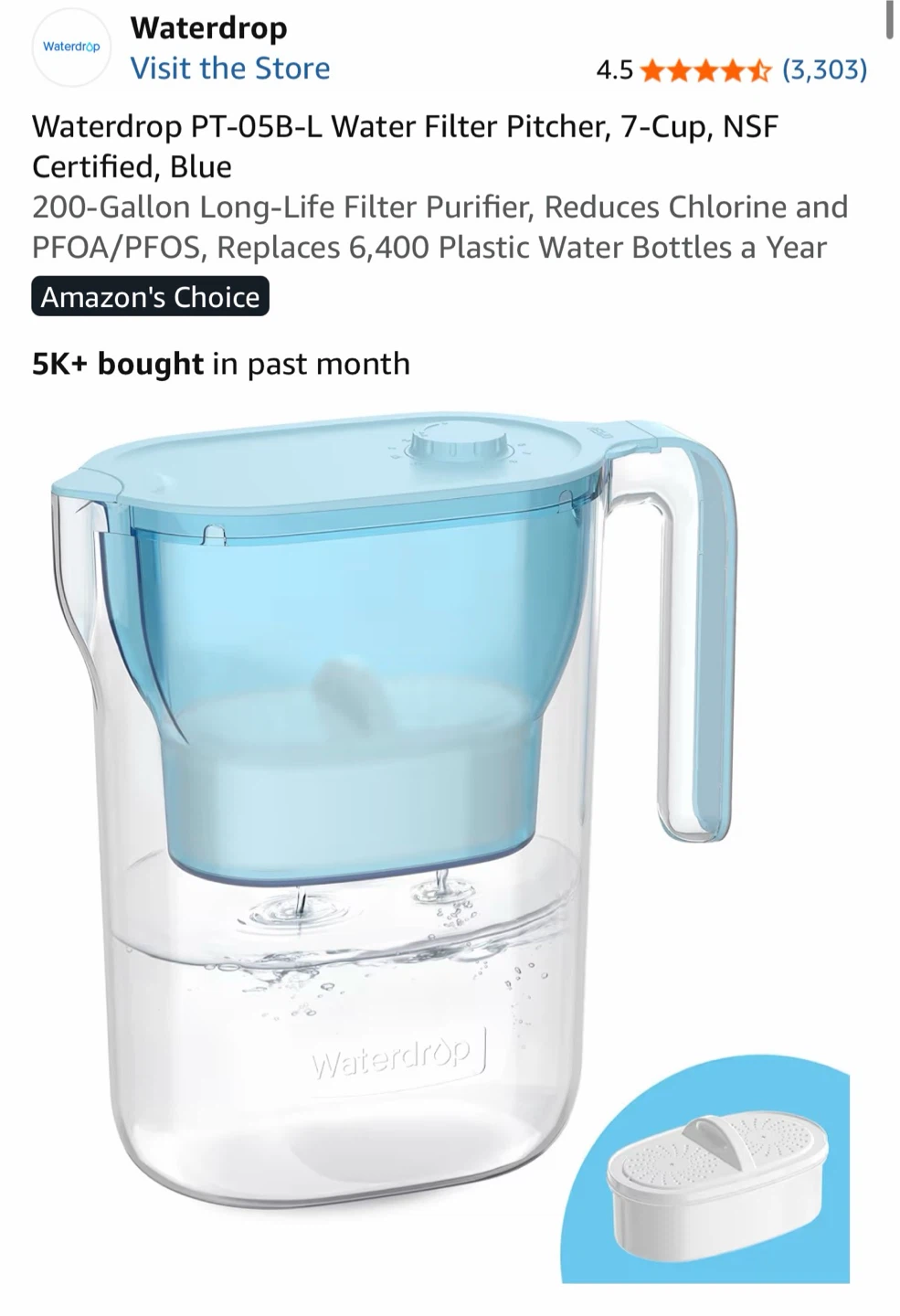 Waterdrop PT-05B-L Water Filter Pitcher, 7-Cup, Blue