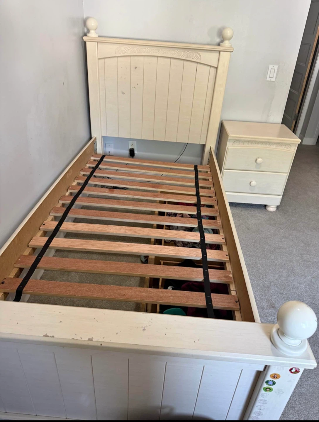 Cream Bed Frame with Wooden Slats