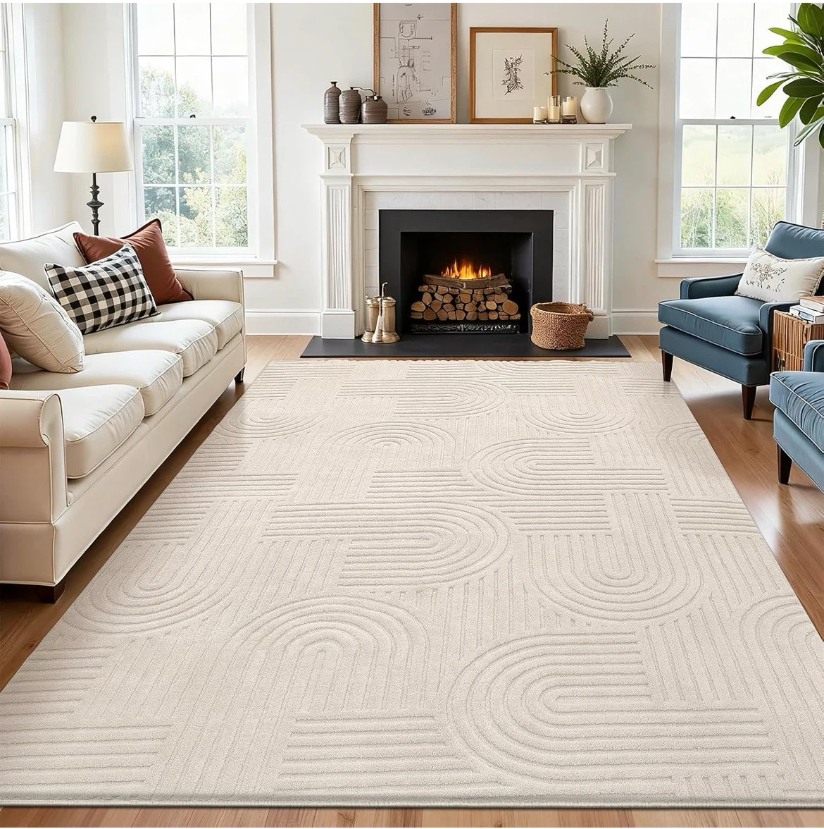 6x9 Geometric textured area rug cream