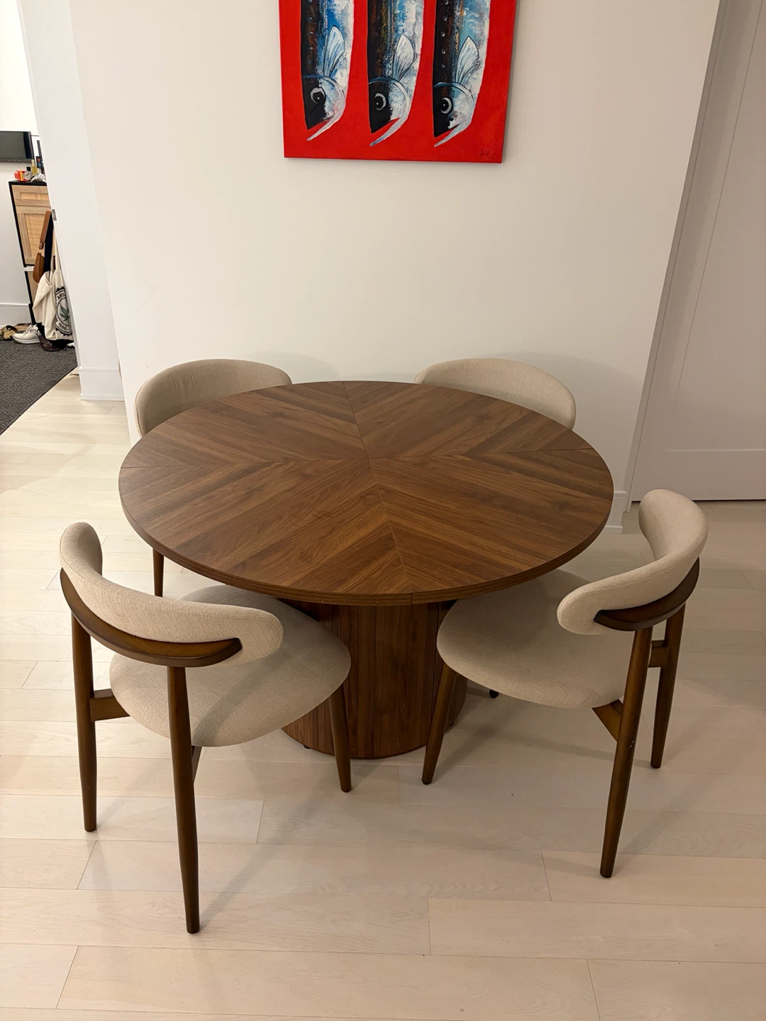 Round Walnut Dining Table with 4 Chairs