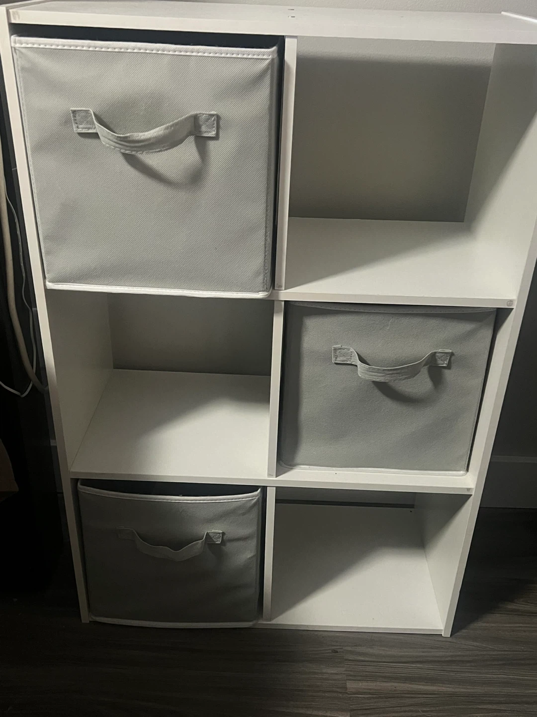 White Storage Unit with Grey Fabric Bins