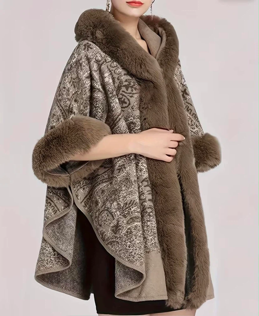 Women's Faux Fur Trimmed Hooded Poncho