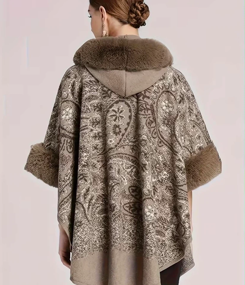 Women's Faux Fur Trimmed Hooded Poncho - photo 2
