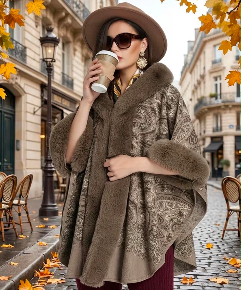 Women's Faux Fur Trimmed Hooded Poncho - photo 3