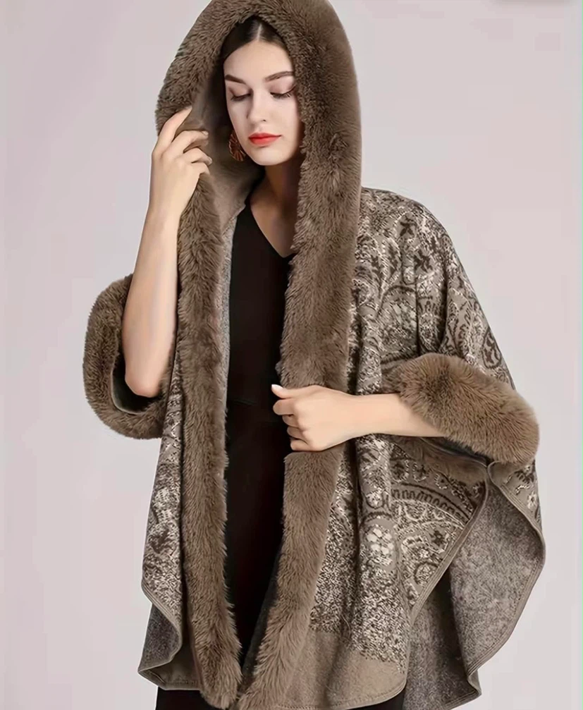 Women's Faux Fur Trimmed Hooded Poncho - photo 4