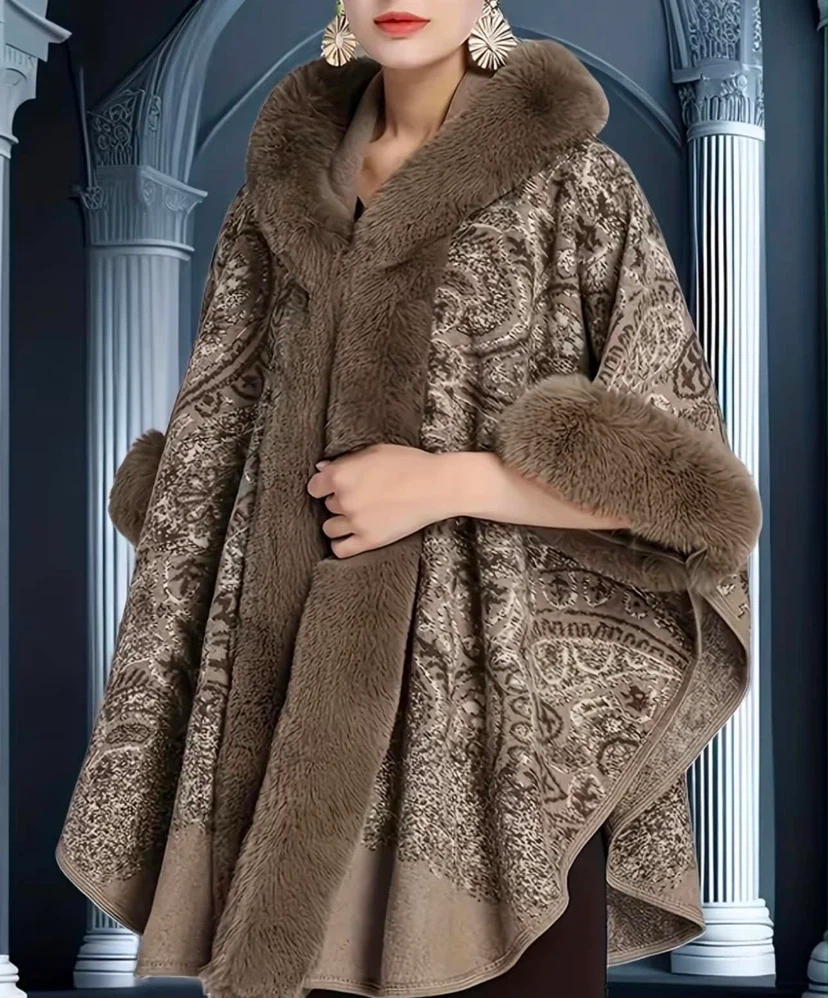 Women's Faux Fur Trimmed Hooded Poncho - photo 5