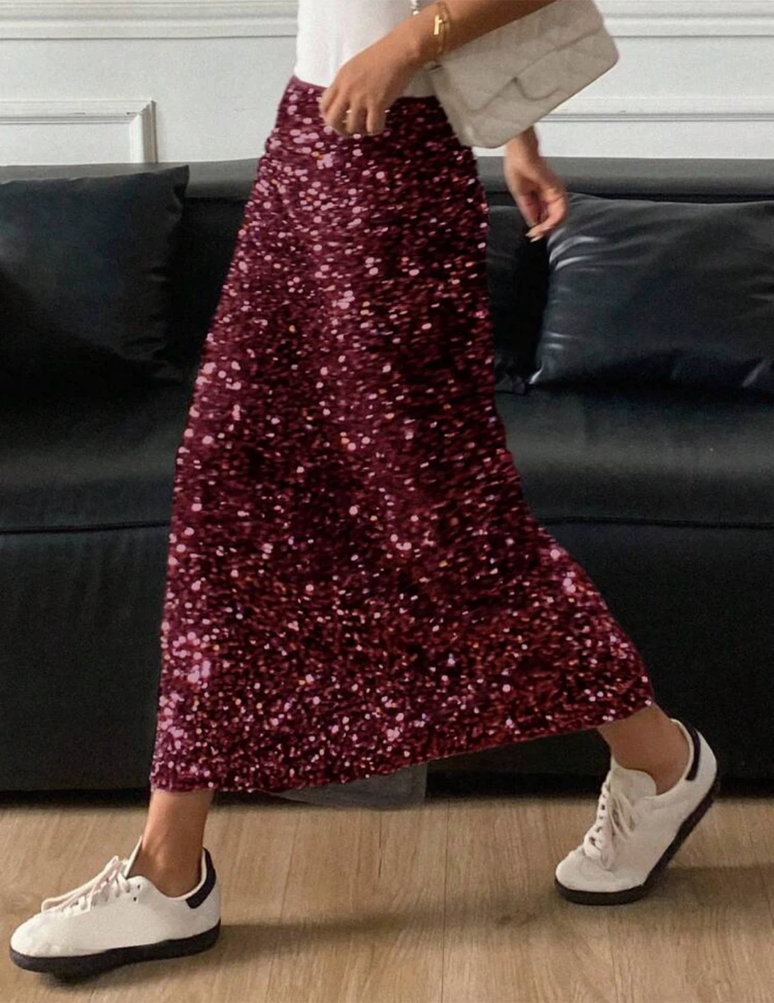 Burgundy sequin midi skirt