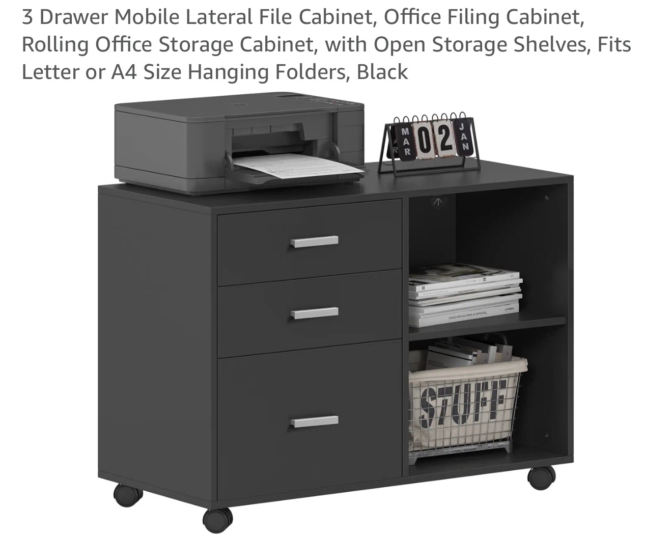 3 Drawer Mobile Lateral File Cabinet - Black 3DM