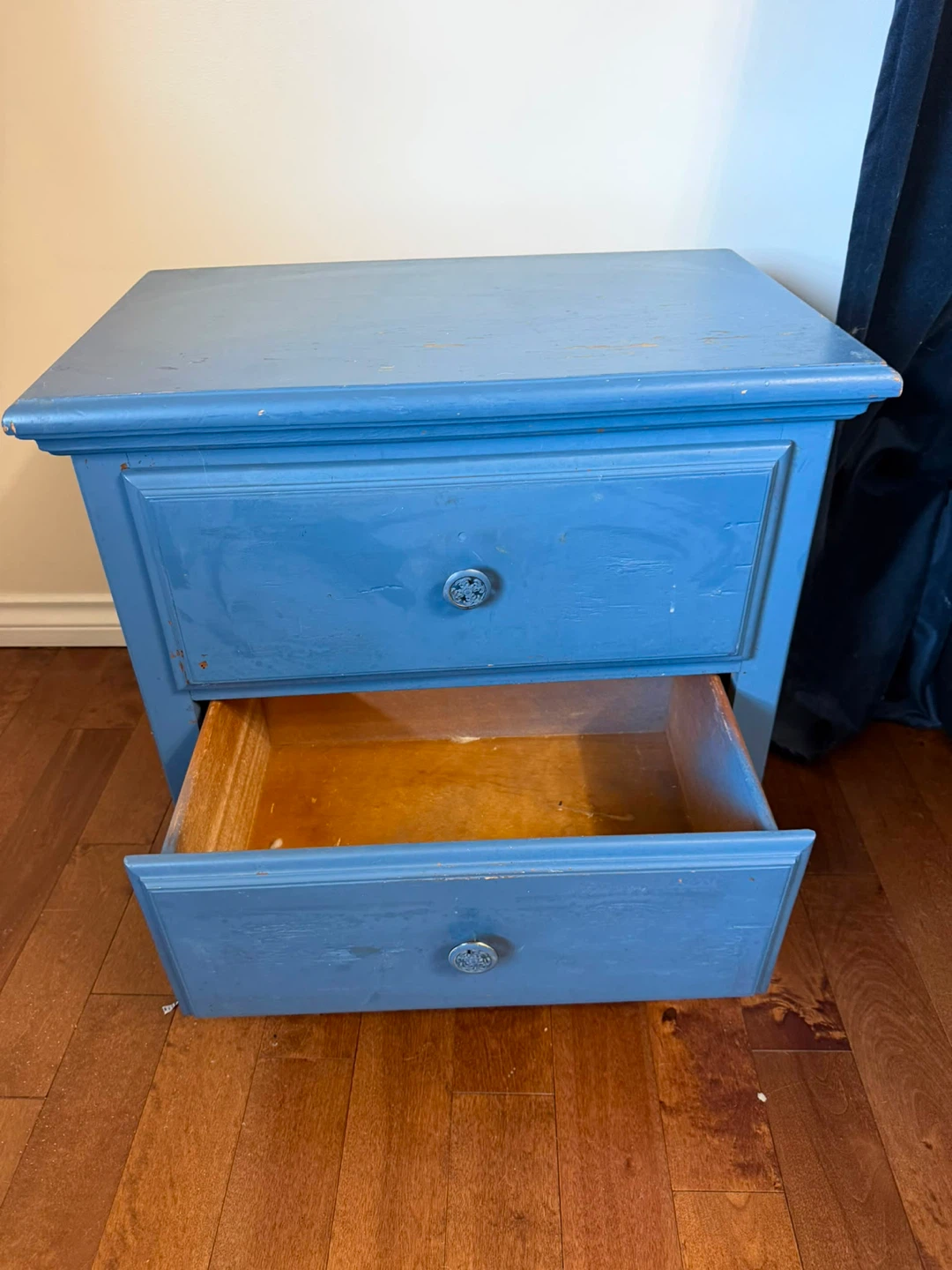 Blue Wooden Nightstand with Two Drawers