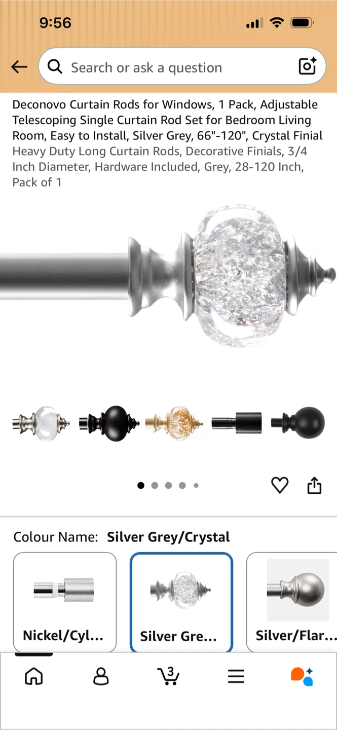 New-Deconovo Silver Grey Curtain Rod with Crystal Finials - photo 4