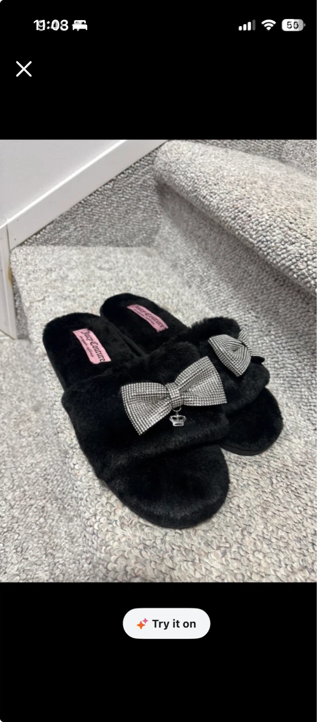 Juicy Couture Black Faux Fur Slippers with Bows