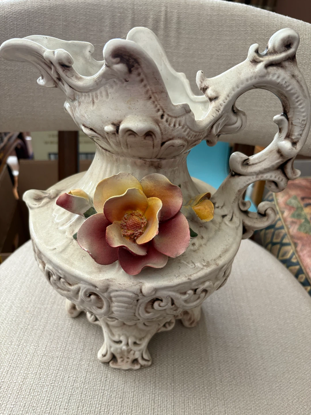 Antique Floral Decorative Vase or Pitcher