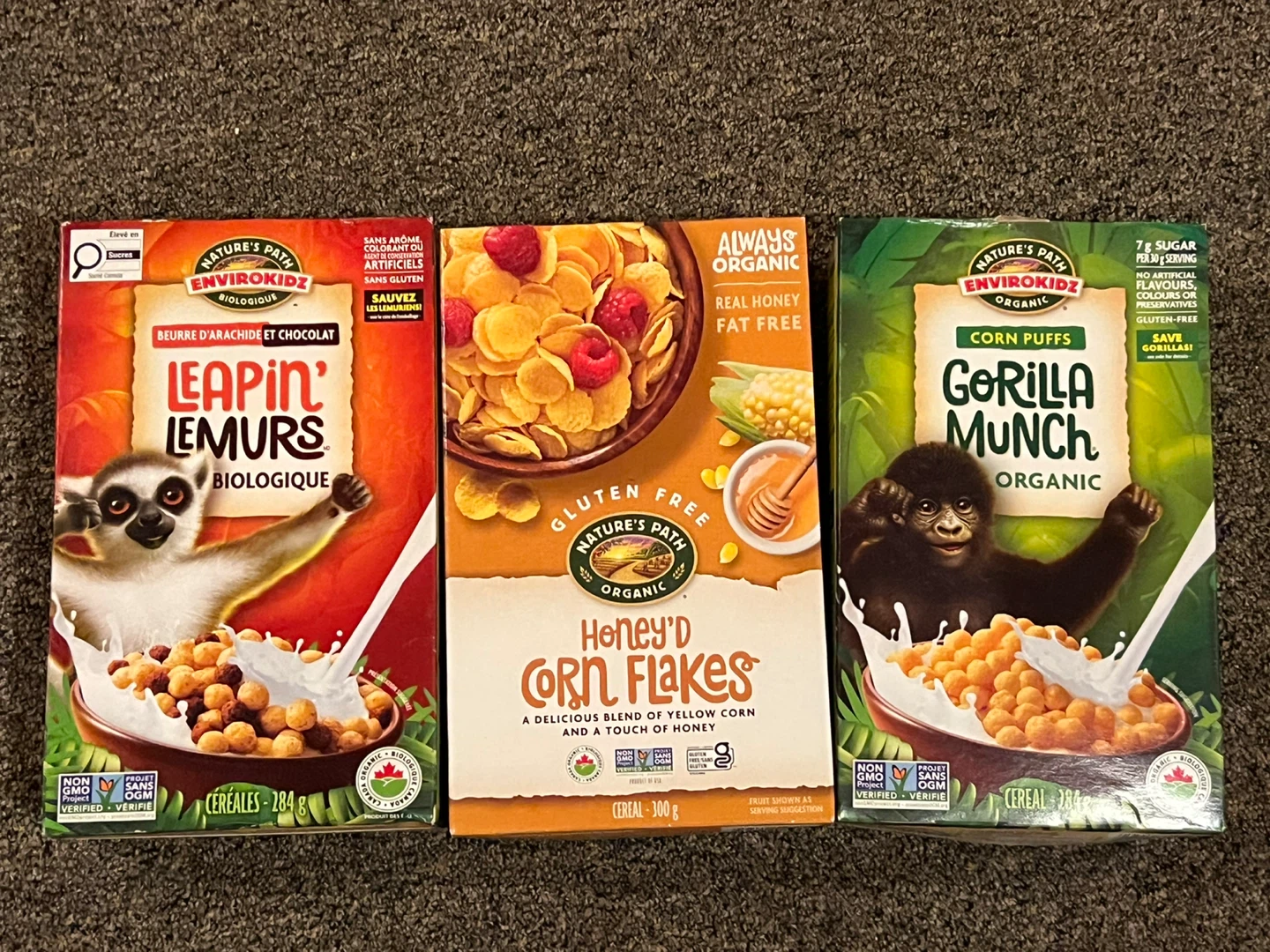 Three boxes of Nature's Path EnviroKidz organic cereal