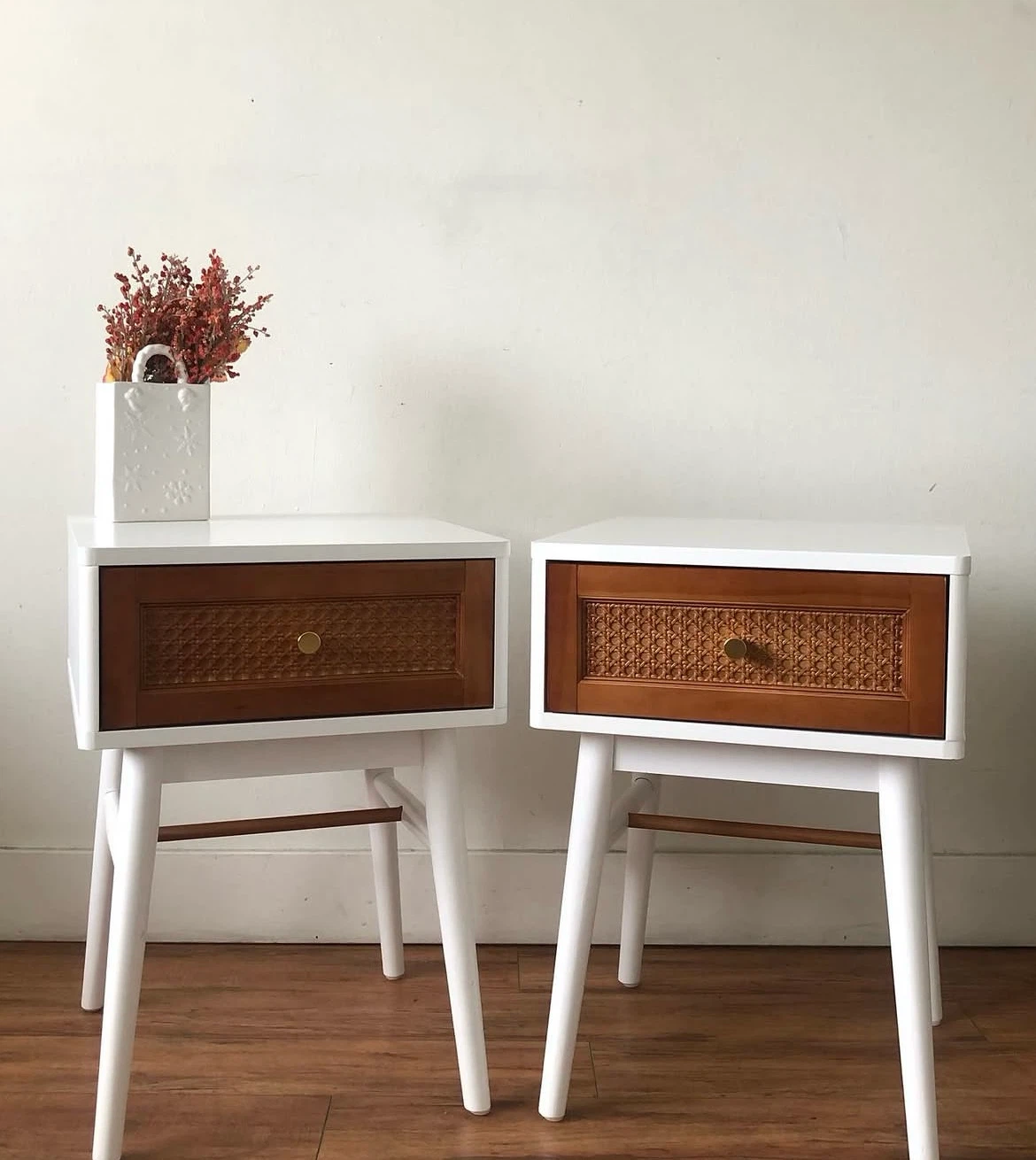 Pair of White Nightstands with Cane Drawer Fronts