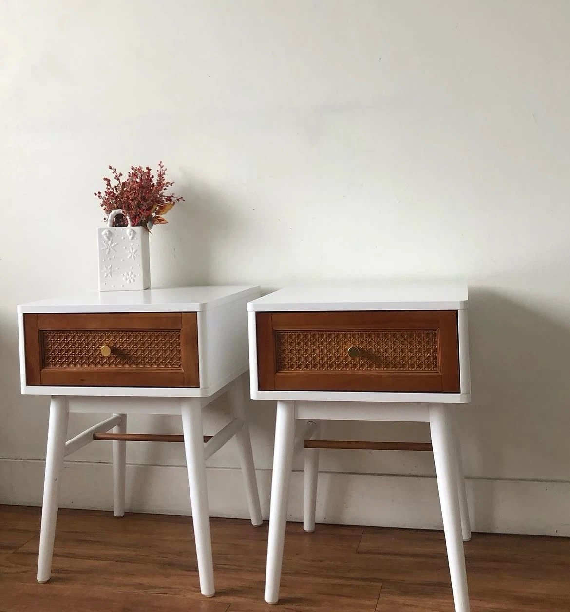 Pair of White Nightstands with Cane Drawer Fronts - photo 2