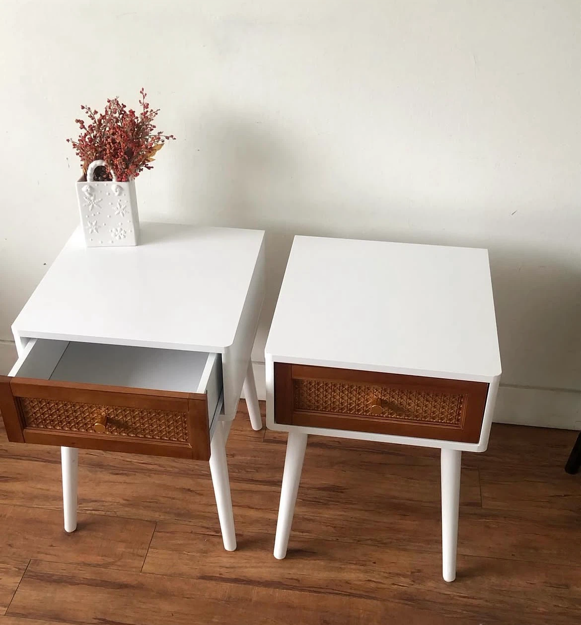 Pair of White Nightstands with Cane Drawer Fronts - photo 3