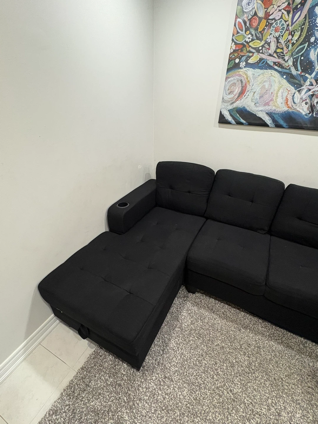 Black Sectional Couch with Chaise and Cup Holders