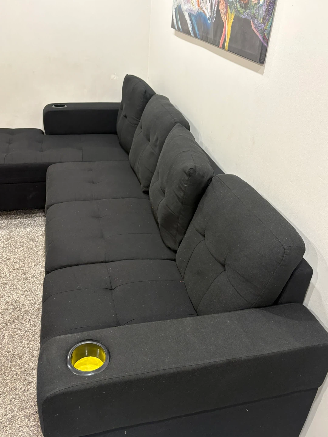 Black Sectional Couch with Chaise and Cup Holders - photo 3
