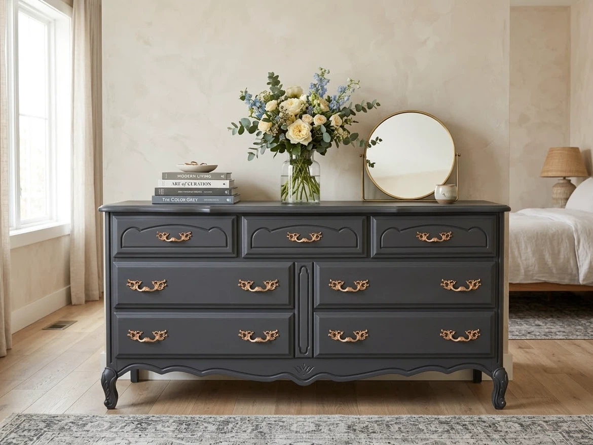 Dark Grey Dresser with Gold Hardware